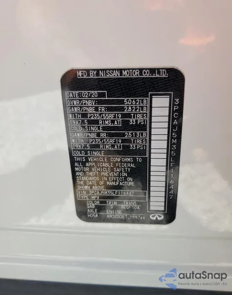 2020 Infiniti Qx50 Pure из США, поврежденный, VIN 3PCAJ5M35LF116447